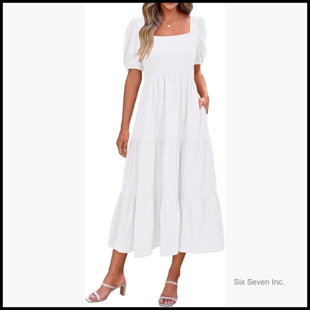 Polyester Puff Sleeve Square Neck High Waist Smocked A-Line Midi Dress